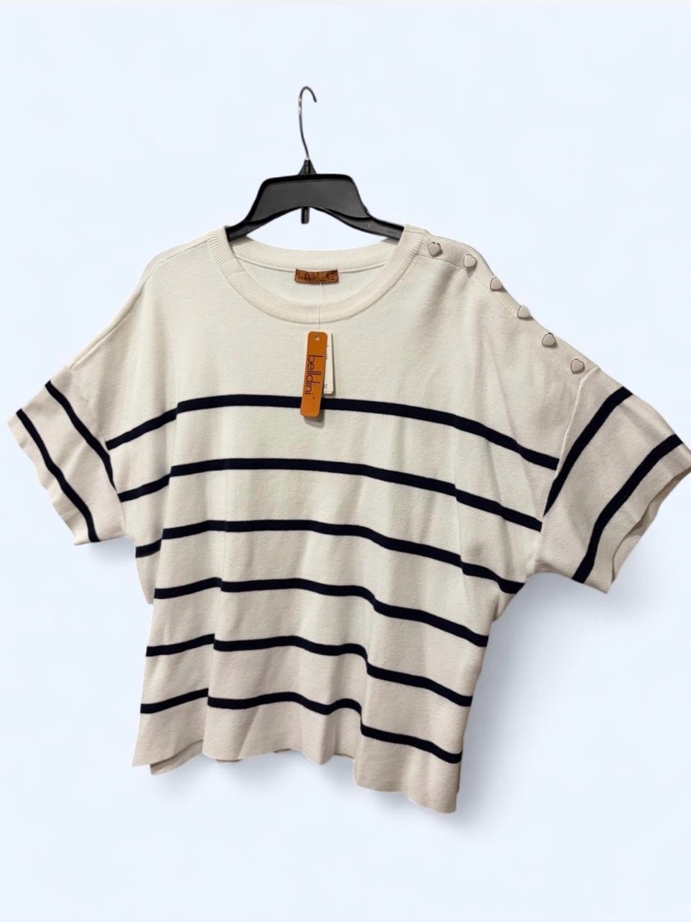 Belldini white and navy striped boxy top